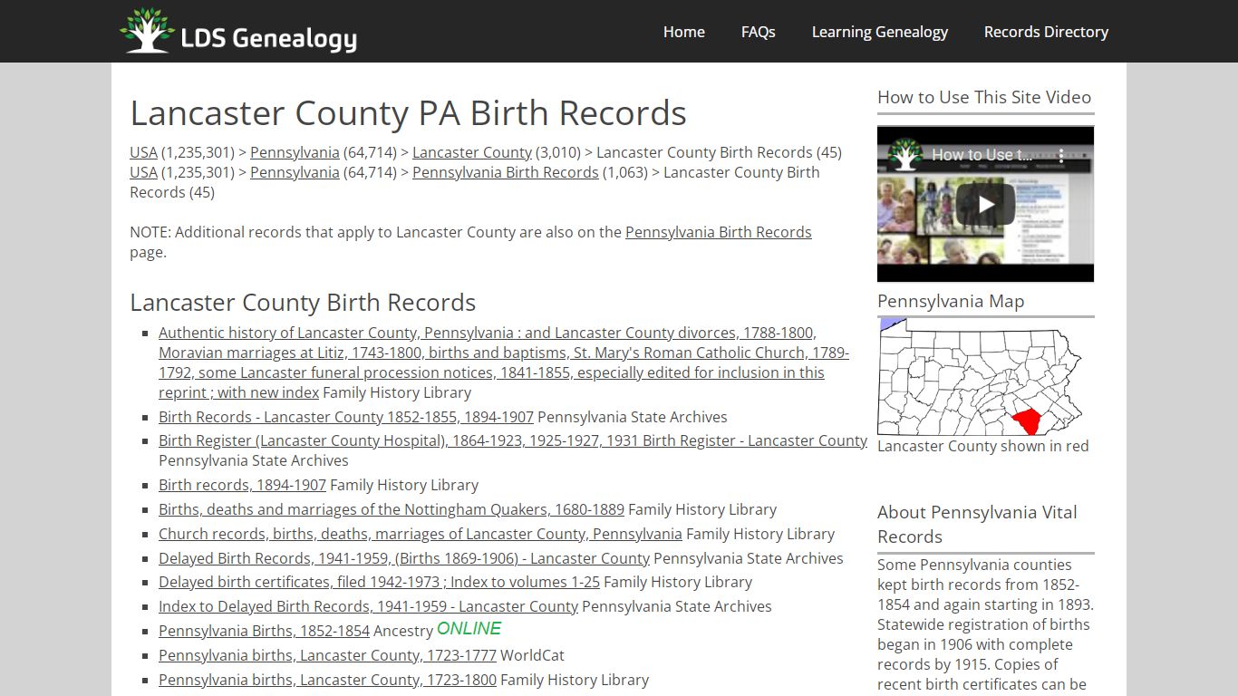 Lancaster County PA Birth Records - LDS Genealogy