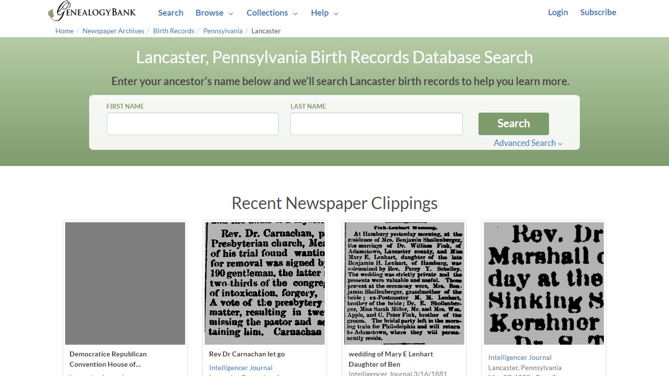 Birth Records for Lancaster, Pennsylvania | GenealogyBank