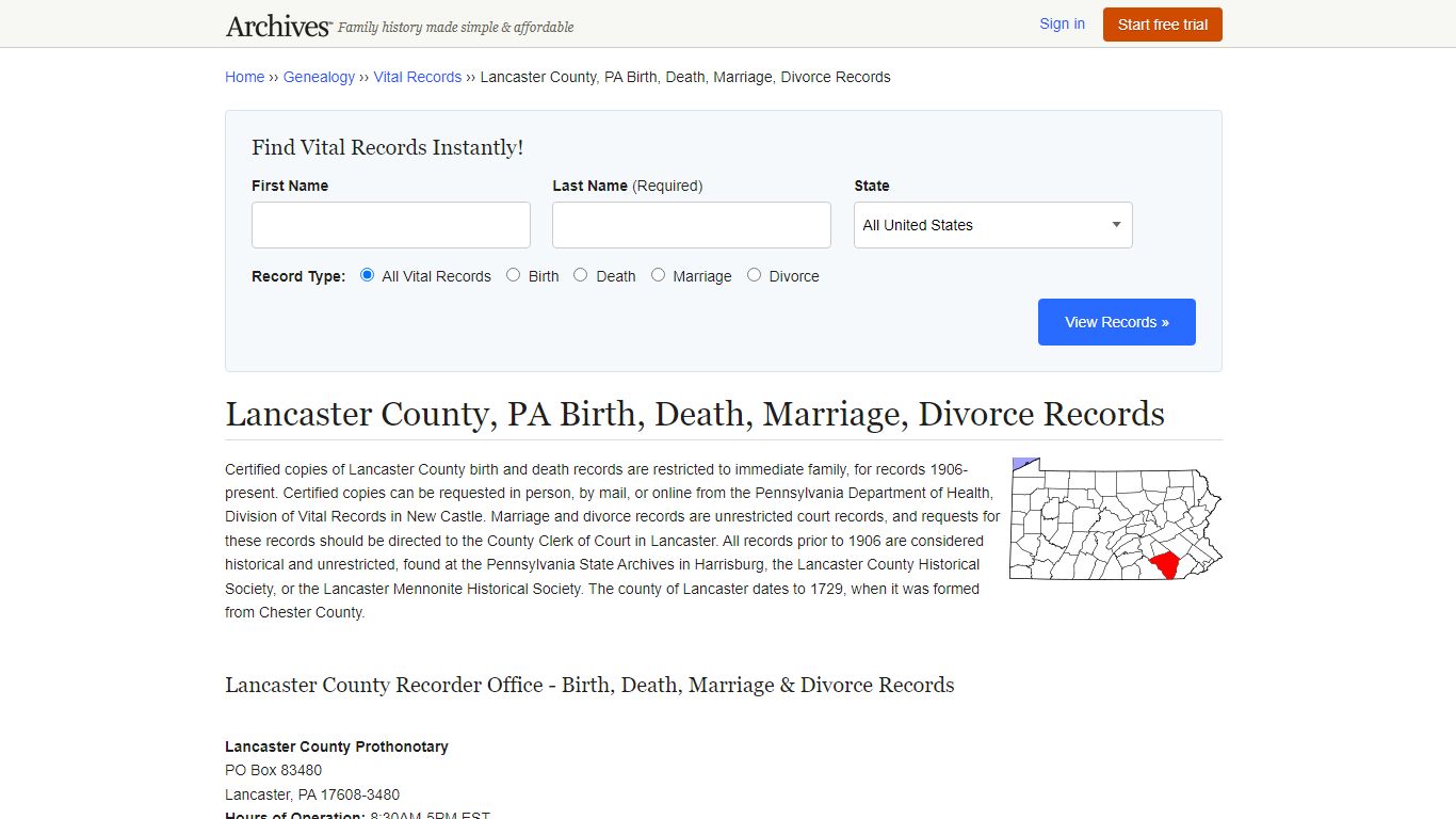 Lancaster County, PA Birth, Death, Marriage, Divorce Records - Archives.com